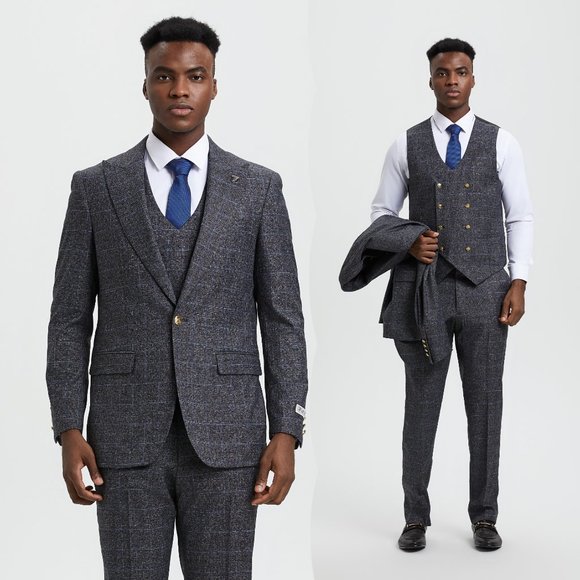 Exclusive Stacy Adams Mens 3pc Suit Charcoal Textured Windowpane